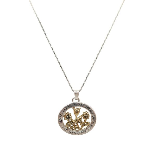 Unsigned Jewelry - "If Daughters Were Flowers" Silver Gold Tone Pendant Necklace 925 Sterling Chain